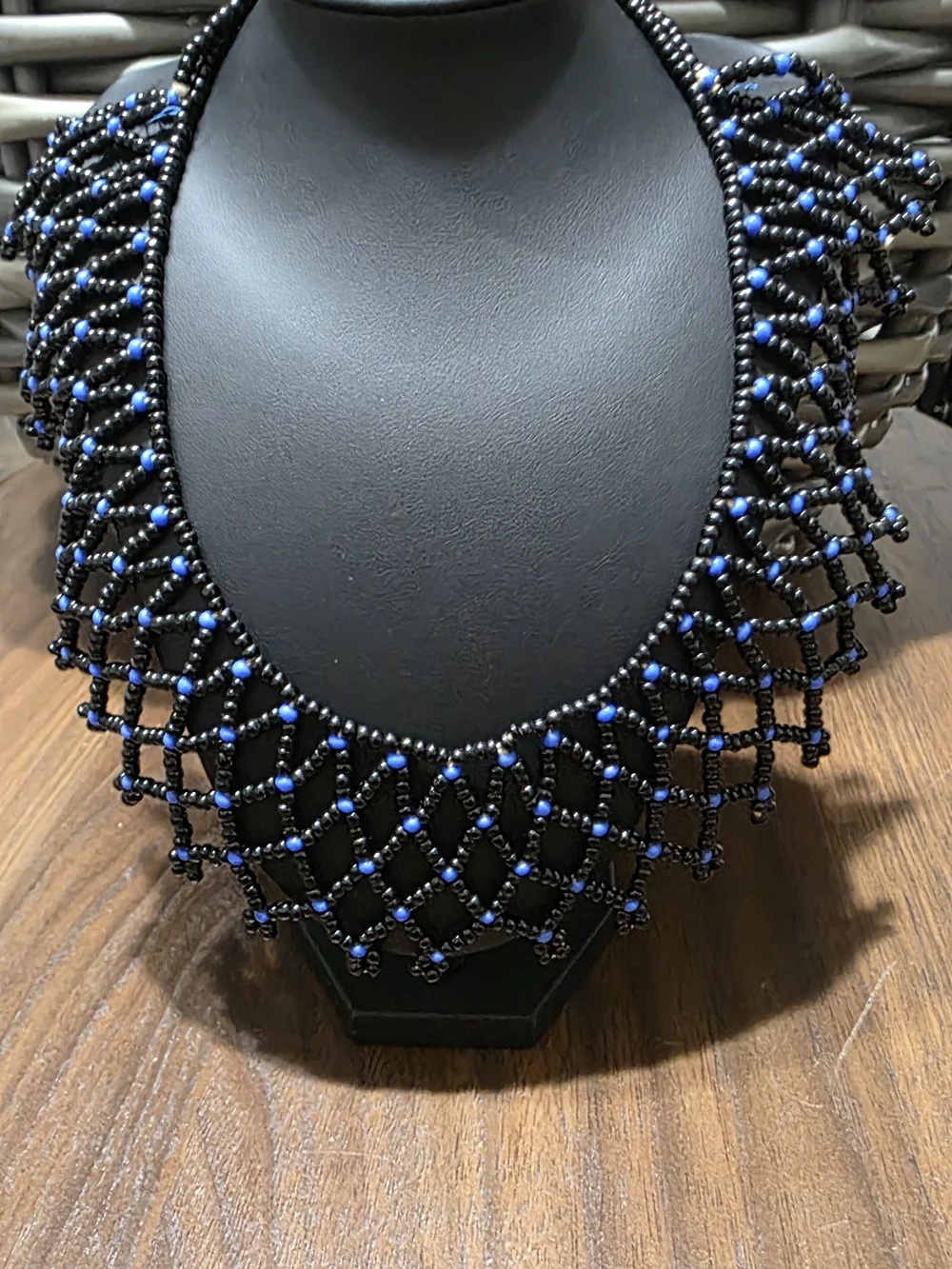 Handcrafted Black and Blue Beaded Statement Necklace